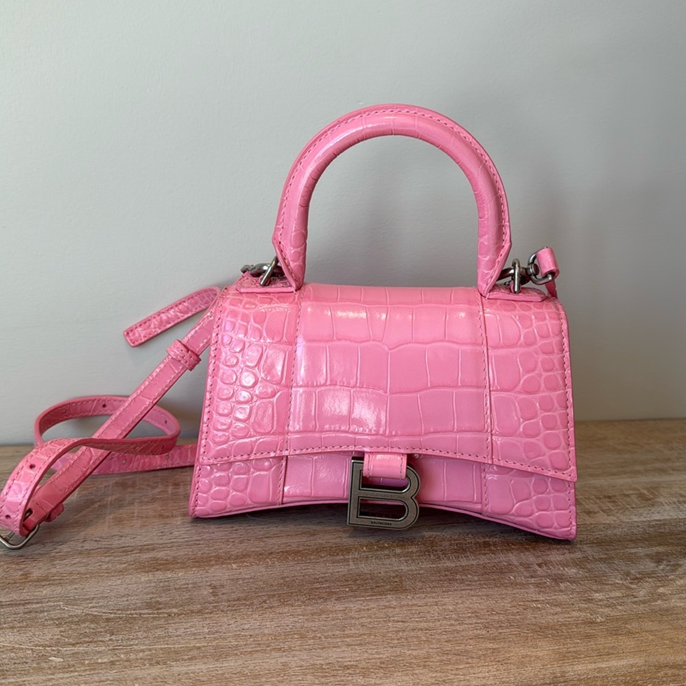 Pink Balenciaga Hourglass crocodile-embossed handbag
